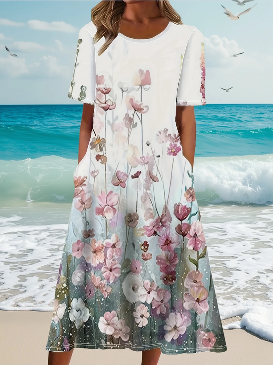 Damen Geblümt Halbarm Sommer Print Kleid Rundhals Täglich Lässig Maxikleid A-Linien-Kleid