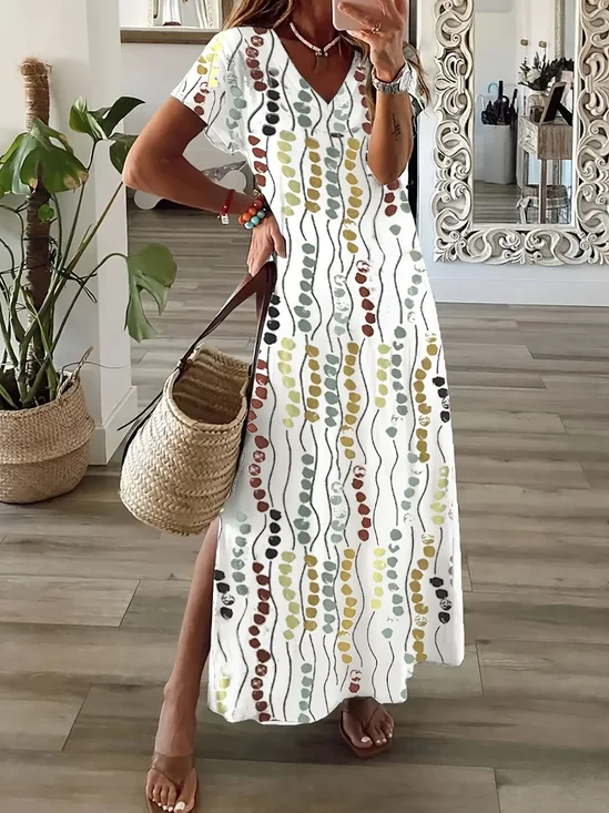 Damen Abstrakte Tupfen Kurzarm Sommer Print Kleid V-Ausschnitt Täglich Lässig Maxikleid X-Linie Kleid
