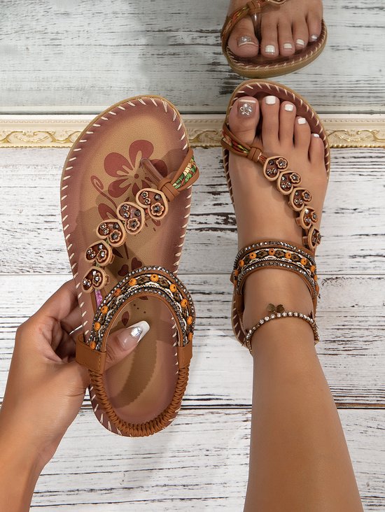 Bohemien Ethnisch Stil Schuhe für Damen Sommer Fashion Strand Flach Pantolette Perlen Diamant Zehentrenner Pantolette