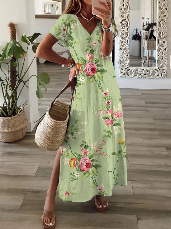Damen Geblümt Kurzarm Sommer Print Kleid V-Ausschnitt Täglich Lässig Maxikleid X-Linie Kleid