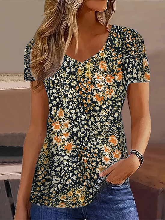 Damen Geblümt Kurzarm T-Shirts T-Shirt V-Ausschnitt Print Lässig Sommer T-Shirt mit Grafik Oberteile