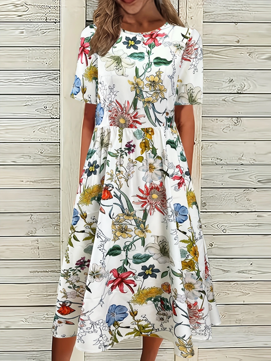 Damen Geblümt Halbarm Sommer Print Kleid Rundhals Täglich Lässig Maxikleid A-Linien-Kleid