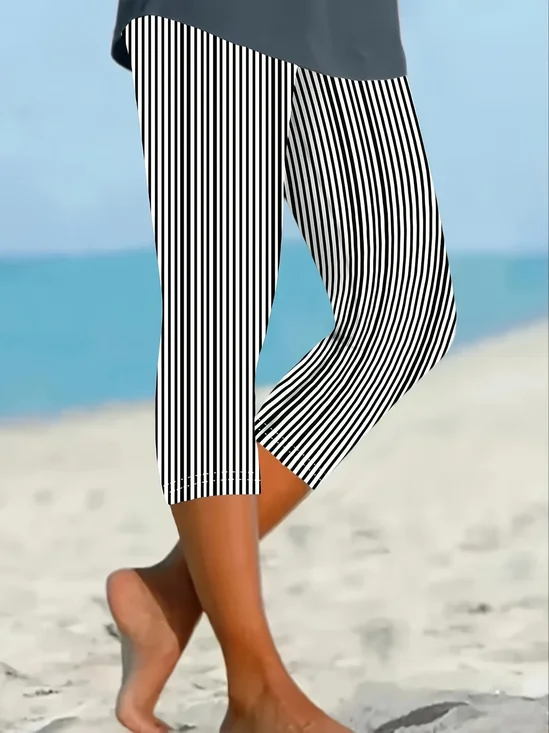 Damen Gestreift Caprihosen Elastische Taille Hose Lässig Sommer Hose