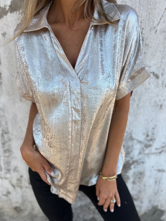 Damen Unifarben Kurzarm Bluse Sommer Metall Schalkragen Täglich Lässig Oberteile
