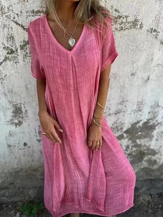 Damen Unifarben Kurzarm Sommer Nahtverarbeitung Kleid V-Ausschnitt Täglich Retro Maxikleid Tanktop A-Linien-Kleid