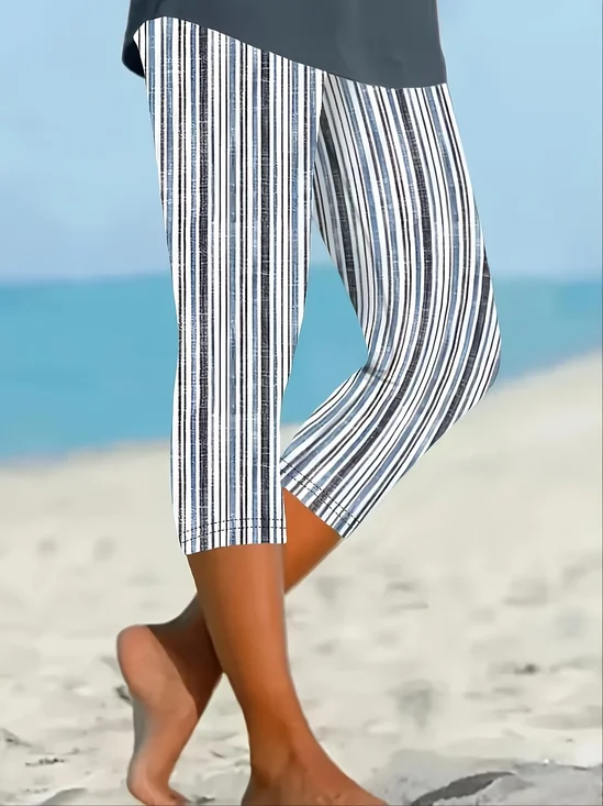 Damen Gestreift Caprihosen Elastische Taille Hose Lässig Sommer Hose