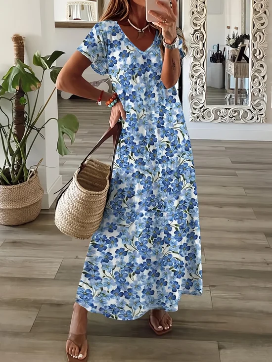 Damen Geblümt Kurzarm Sommer Print Kleid V-Ausschnitt Täglich Lässig Maxikleid X-Linie Kleid