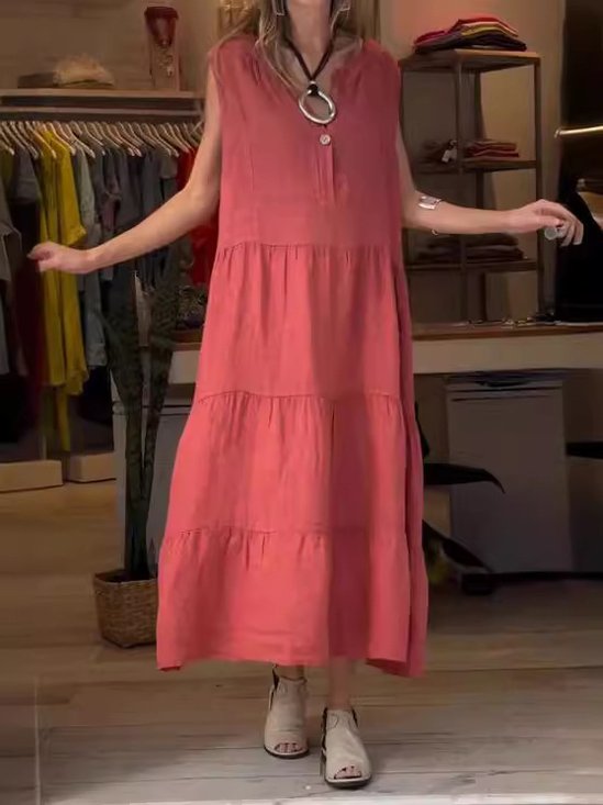 Damen Unifarben Ärmellos Sommer Nahtverarbeitung Kleid Halb offener Kragen Täglich Retro Maxikleid Tanktop A-Linien-Kleid