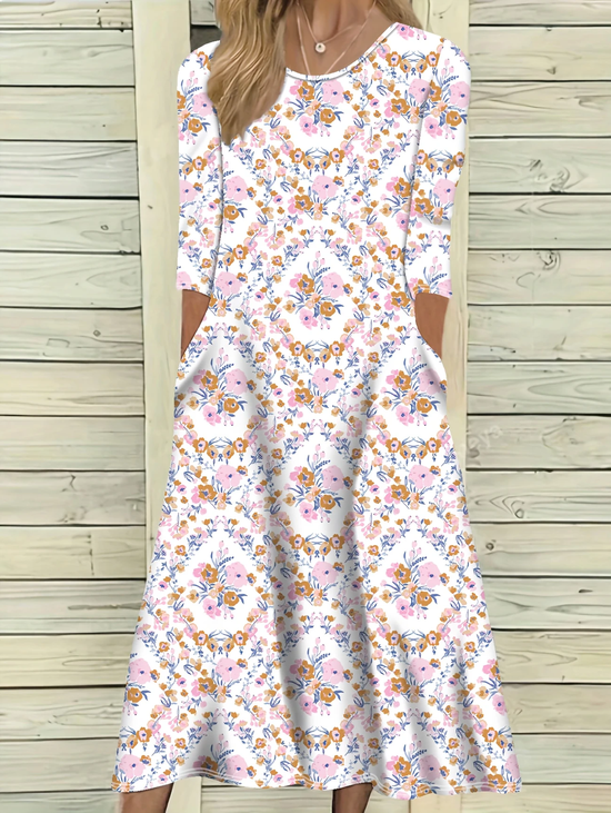 Damen Geblümt Halbarm Sommer Print Kleid Rundhals Täglich Lässig Maxikleid A-Linien-Kleid