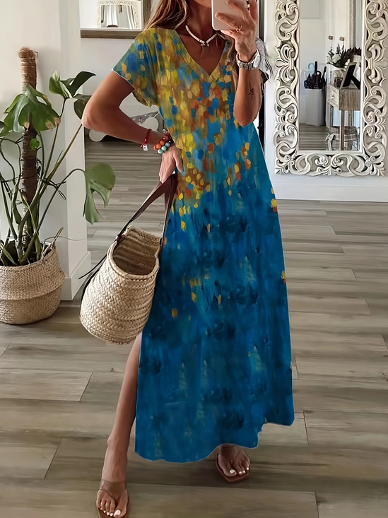 Damen Abstrakt Kurzarm Sommer Print Kleid V-Ausschnitt Täglich Lässig Maxikleid X-Linie Kleid