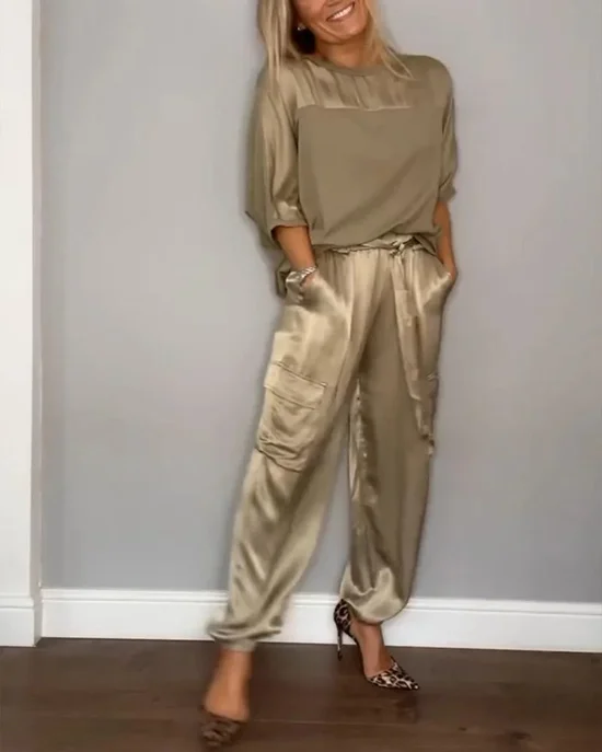 Damen Unifarben Taschennähen Zweiteiliges Set Täglich Halbarm Lässig Sommer Bluse mit Hose Matching Set