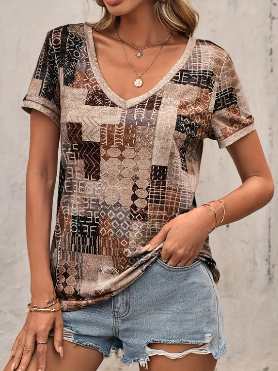 Damen Geometrisch Kurzarm T-Shirts T-Shirt V-Ausschnitt Print Lässig Sommer T-Shirt mit Grafik Oberteile