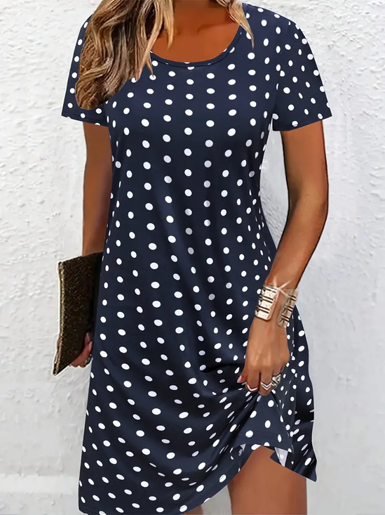 Damen Polka Dots Kurzarm Sommer Print Kleid Rundhals Täglich Lässig Mini Tunika H-Linie Kleid