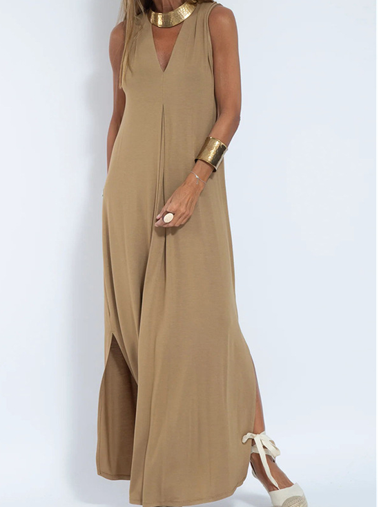 Damen Unifarben Ärmellos Sommer Nahtverarbeitung Kleid V-Ausschnitt Täglich Lässig Maxikleid Passen & Flare Kleid A-Linien-Kleid