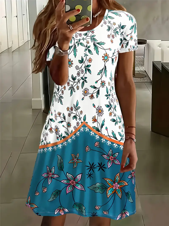 Damen Geblümt Kurzarm Sommer Print Kleid Rundhals Täglich Lässig Mini Tunika H-Linie Kleid