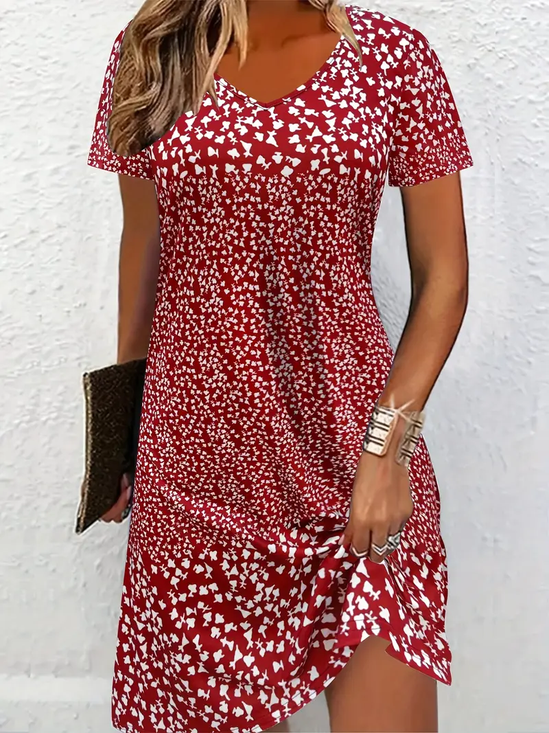 Damen Blumenmuster Kurzarm Sommer Print Kleid Rundhals Täglich Lässig Mini Tunika H-Linie Kleid