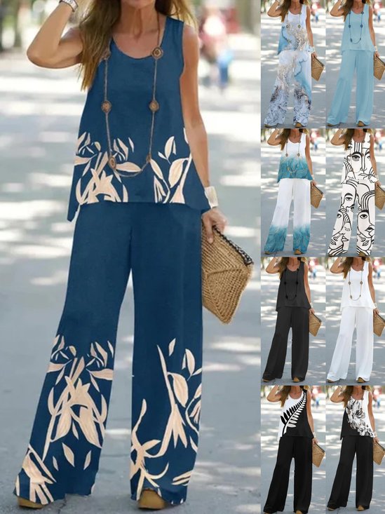 Damen Geometrisch Zweiteiliges Set Täglich Ärmellos Retro Sommer Bluse mit Hose Matching Set
