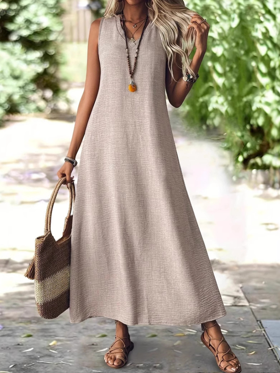 Damen Unifarben Ärmellos Sommer Kleid V-Ausschnitt Täglich Lässig Maxikleid A-Linien-Kleid