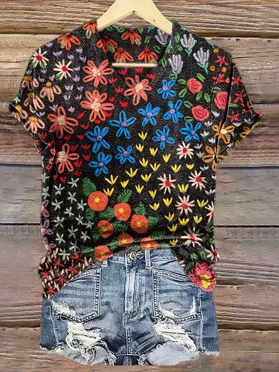 Damen Geblümt Kurzarm T-Shirts T-Shirt V-Ausschnitt Print Lässig Sommer T-Shirt mit Grafik Oberteile
