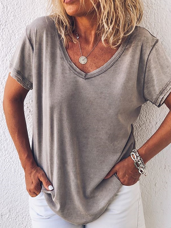 Damen Unifarben Kurzarm T-Shirts T-Shirt V-Ausschnitt Print Lässig Sommer Oberteile