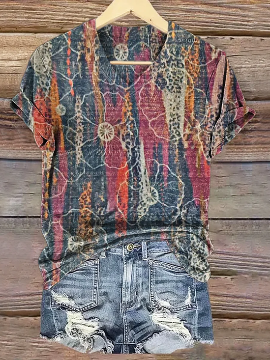 Damen Geblümt Kurzarm T-Shirts T-Shirt V-Ausschnitt Print Lässig Sommer T-Shirt mit Grafik Oberteile