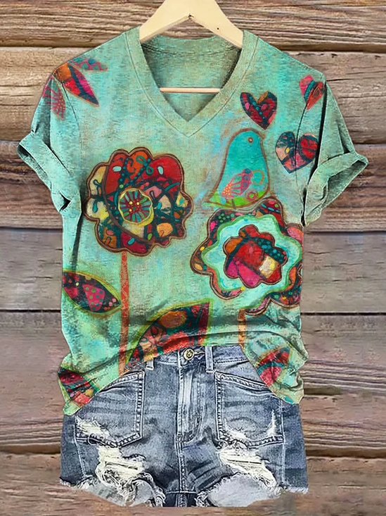Damen Geblümt Kurzarm T-Shirts T-Shirt V-Ausschnitt Print Lässig Sommer T-Shirt mit Grafik Oberteile