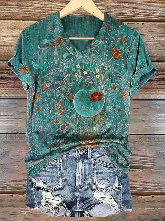 Damen Geblümt Kurzarm T-Shirts T-Shirt V-Ausschnitt Print Lässig Sommer T-Shirt mit Grafik Oberteile
