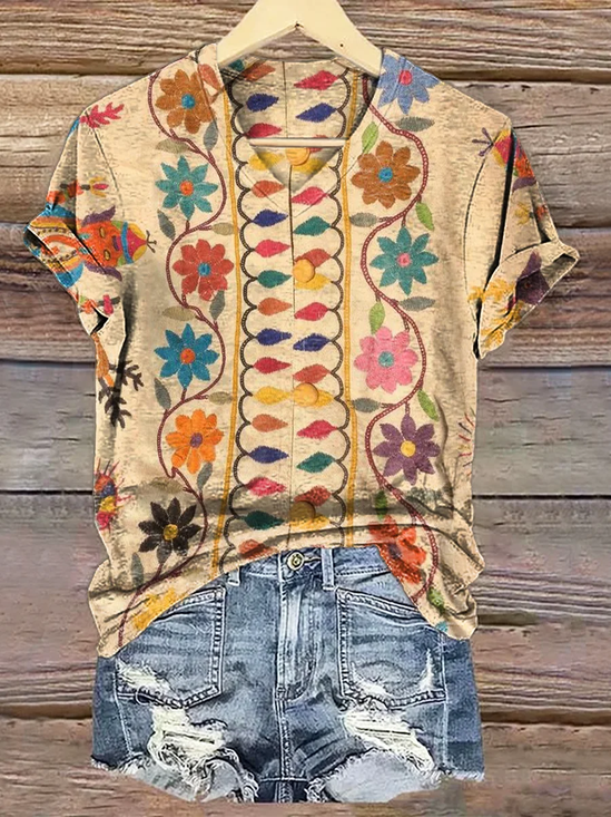 Damen Geblümt Kurzarm T-Shirts T-Shirt V-Ausschnitt Print Lässig Sommer T-Shirt mit Grafik Oberteile