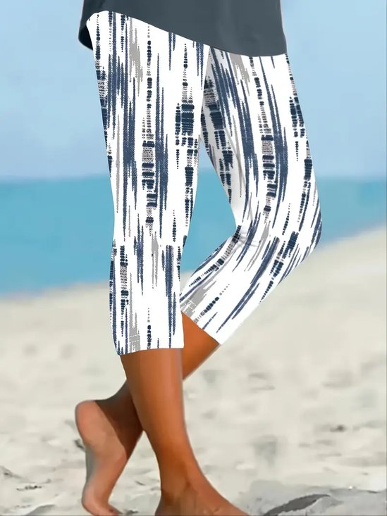 Damen abstrakte Streifen Caprihosen Elastische Taille Hose Lässig Sommer Hose