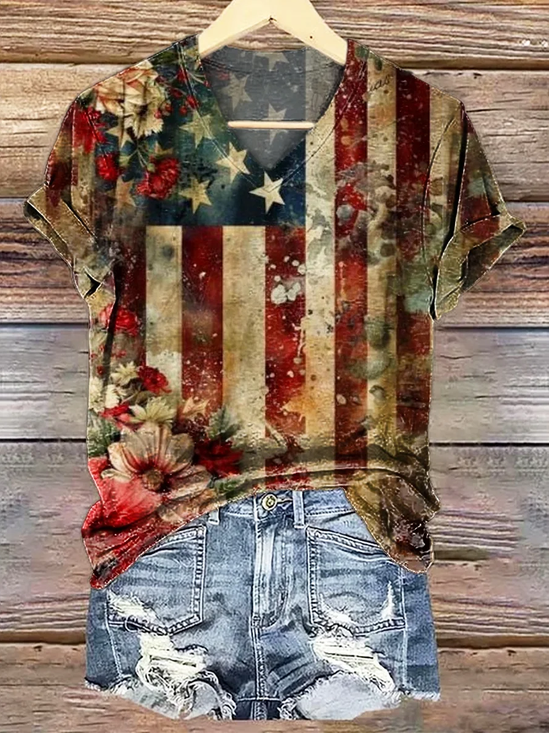 Damen Geblümt Kurzarm T-Shirts T-Shirt V-Ausschnitt Print Lässig Sommer T-Shirt mit Grafik Oberteile