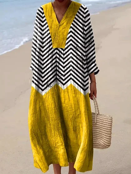 Damen Gestreift Langarm Frühling/Herbst Kleid V-Ausschnitt Täglich Lässig Maxikleid A-Linien-Kleid