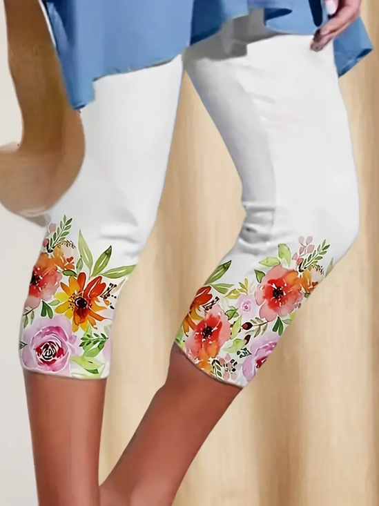 Damen Geblümt Caprihosen Elastische Taille Hose Lässig Sommer Hose