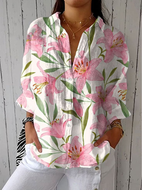 Damen Geblümt Dreiviertelärmel Bluse Frühling/Herbst Print Hemdkragen Täglich Lässig Oberteile