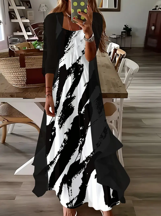 Damen Abstrakt Print Zweiteiliges Set Täglich Dreiviertelärmel Lässig Frühling/Herbst Kleid mit Mantel Matching Set