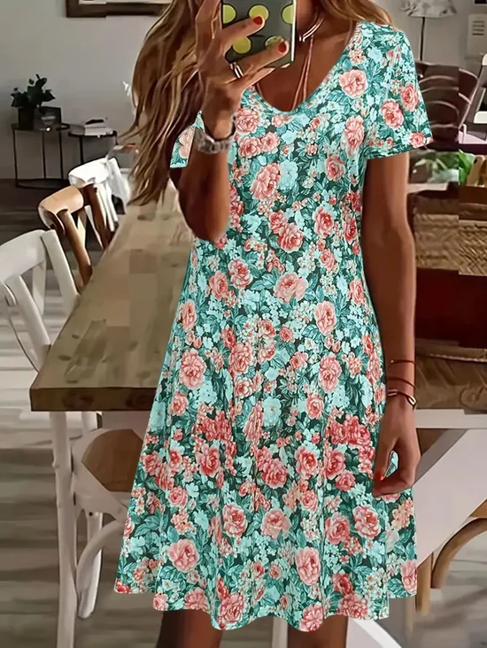 Damen Geblümt Kurzarm Sommer Print Kleid V-Ausschnitt Täglich Lässig Midi Passen & Flare Kleid A-Linien-Kleid