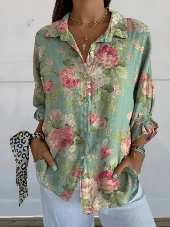 Damen Geblümt Dreiviertelärmel Bluse Frühling/Herbst Print Hemdkragen Täglich Lässig Oberteile