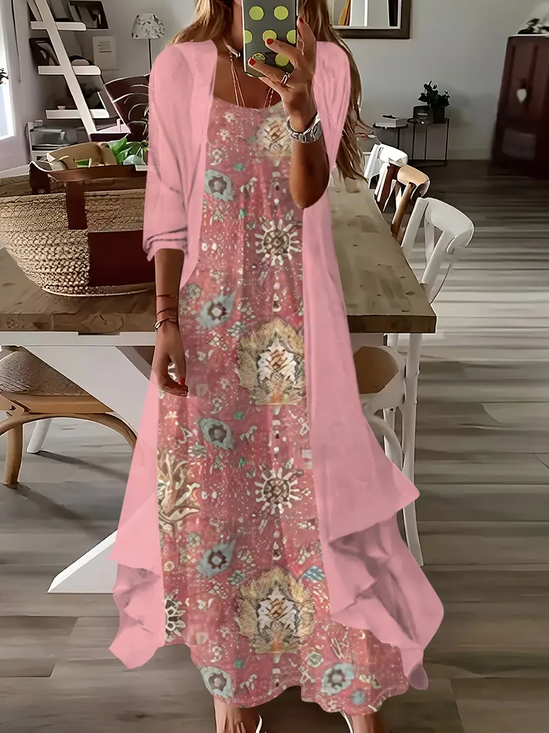 Damen Geblümt Print Zweiteiliges Set Täglich Dreiviertelärmel Lässig Frühling/Herbst Kleid mit Mantel Matching Set