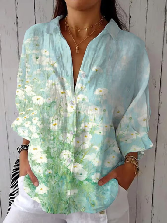 Damen Geblümt Dreiviertelärmel Bluse Frühling/Herbst Print Hemdkragen Täglich Lässig Oberteile