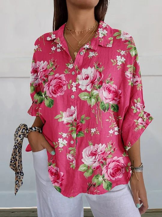 Damen Geblümt Dreiviertelärmel Bluse Frühling/Herbst Print Hemdkragen Täglich Lässig Oberteile
