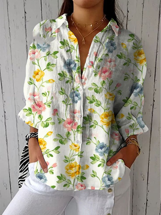 Damen Geblümt Dreiviertelärmel Bluse Frühling/Herbst Print Hemdkragen Täglich Lässig Oberteile