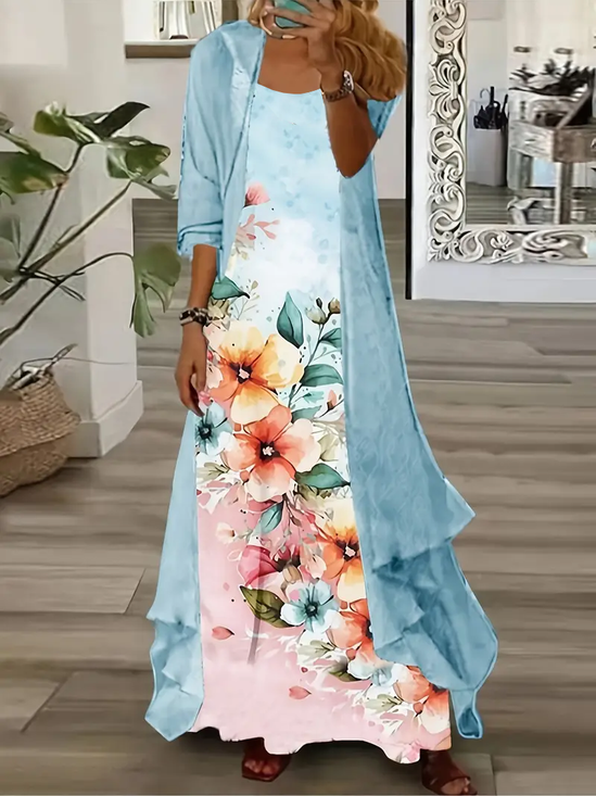 Damen Geblümt Print Zweiteiliges Set Täglich Dreiviertelärmel Lässig Frühling/Herbst Kleid mit Mantel Matching Set