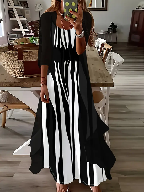 Damen abstrakte Streifen Print Zweiteiliges Set Täglich Dreiviertelärmel Lässig Frühling/Herbst Kleid mit Mantel Matching Set