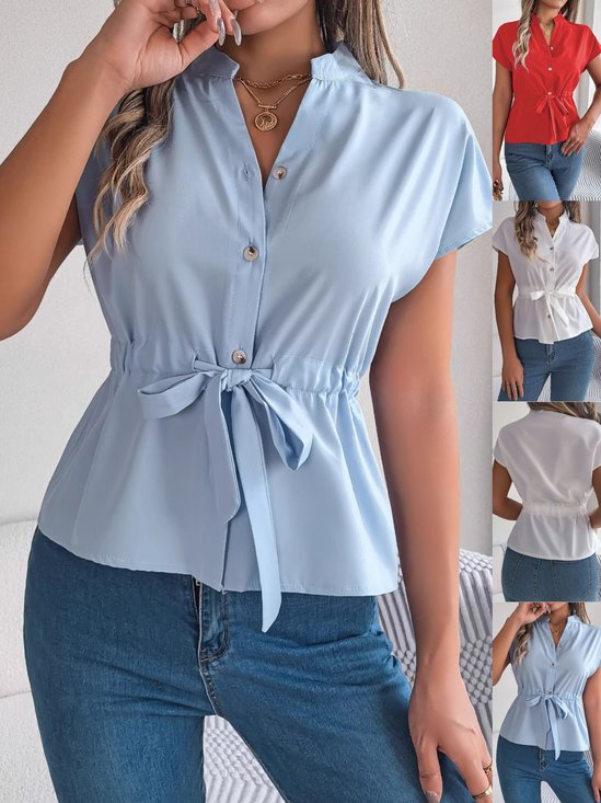 Damen Unifarben Kurzarm Bluse Sommer Schnürung V-Ausschnitt Täglich Lässig Oberteile