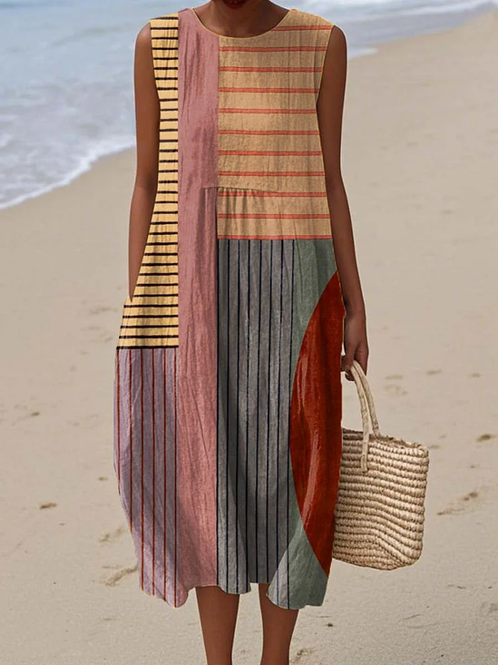 Damen Gestreift Ärmellos Sommer Print Kleid Rundhals Täglich Lässig Maxikleid Tanktop H-Linie Kleid