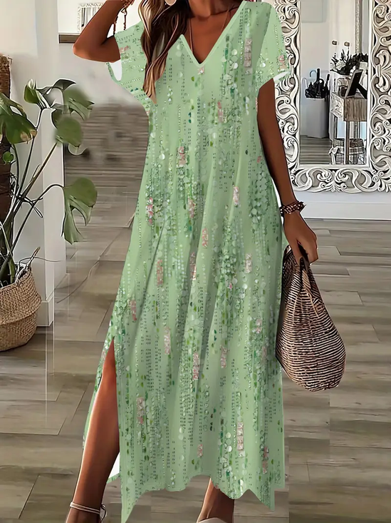 Damen Abstrakt Kurzarm Sommer Print Kleid V-Ausschnitt Täglich Lässig Maxikleid X-Linie Kleid
