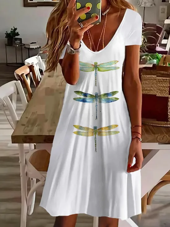 Damen Libelle Kurzarm Sommer Print Kleid V-Ausschnitt Täglich Lässig Midi Passen & Flare Kleid A-Linien-Kleid