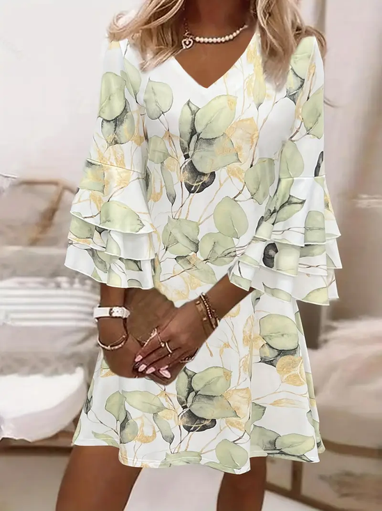 Damen Geblümt Halbarm Sommer Print Kleid V-Ausschnitt Täglich Lässig Maxikleid H-Linie Kleid