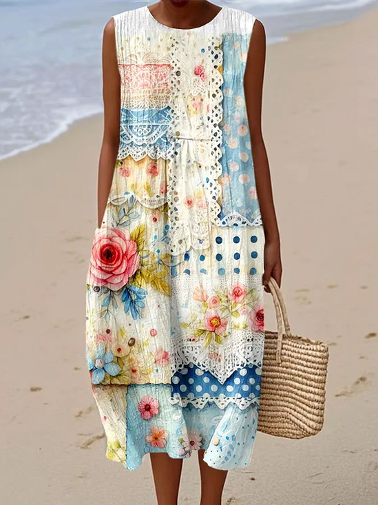Damen Geblümt Ärmellos Sommer Print Kleid Rundhals Täglich Lässig Maxikleid Tanktop H-Linie Kleid