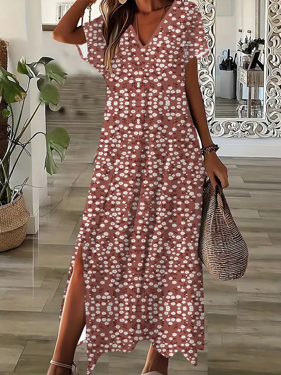 Damen Geblümt Kurzarm Sommer Print Kleid V-Ausschnitt Täglich Lässig Maxikleid X-Linie Kleid