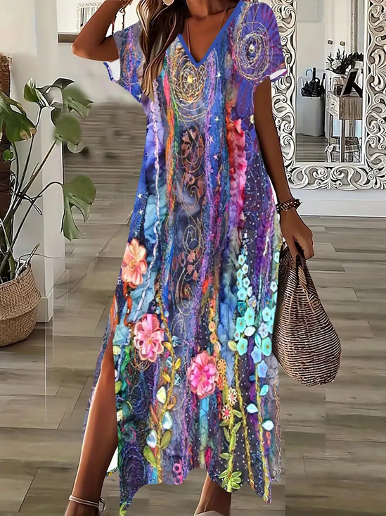 Damen Geblümt Kurzarm Sommer Print Kleid V-Ausschnitt Täglich Lässig Maxikleid X-Linie Kleid